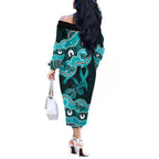 Cyan Ribbon PTSD Awareness Month Off The Shoulder Long Sleeve Dress Aboriginal Art - Aussie Hoodie