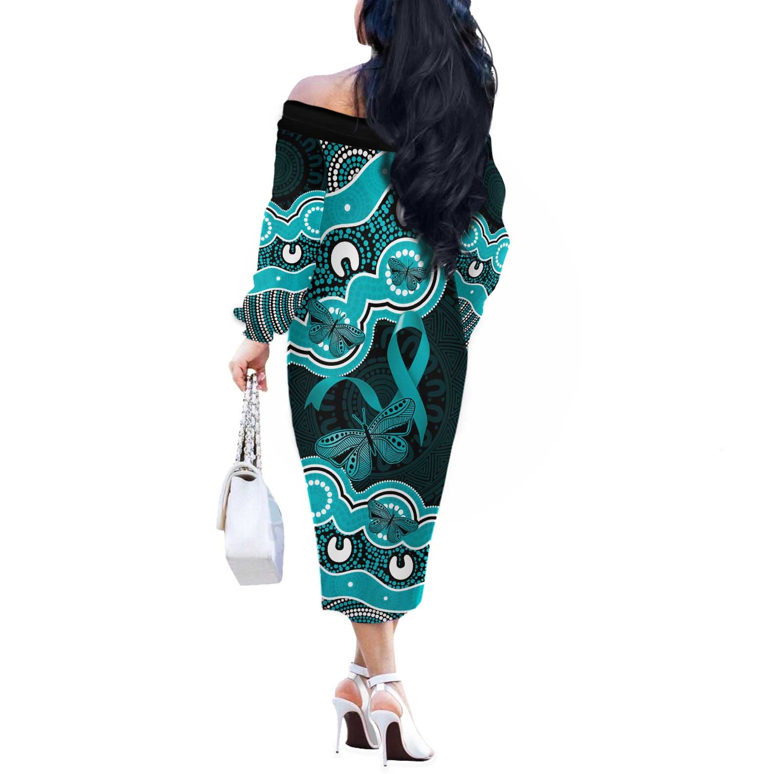 Cyan Ribbon PTSD Awareness Month Off The Shoulder Long Sleeve Dress Aboriginal Art - Aussie Hoodie