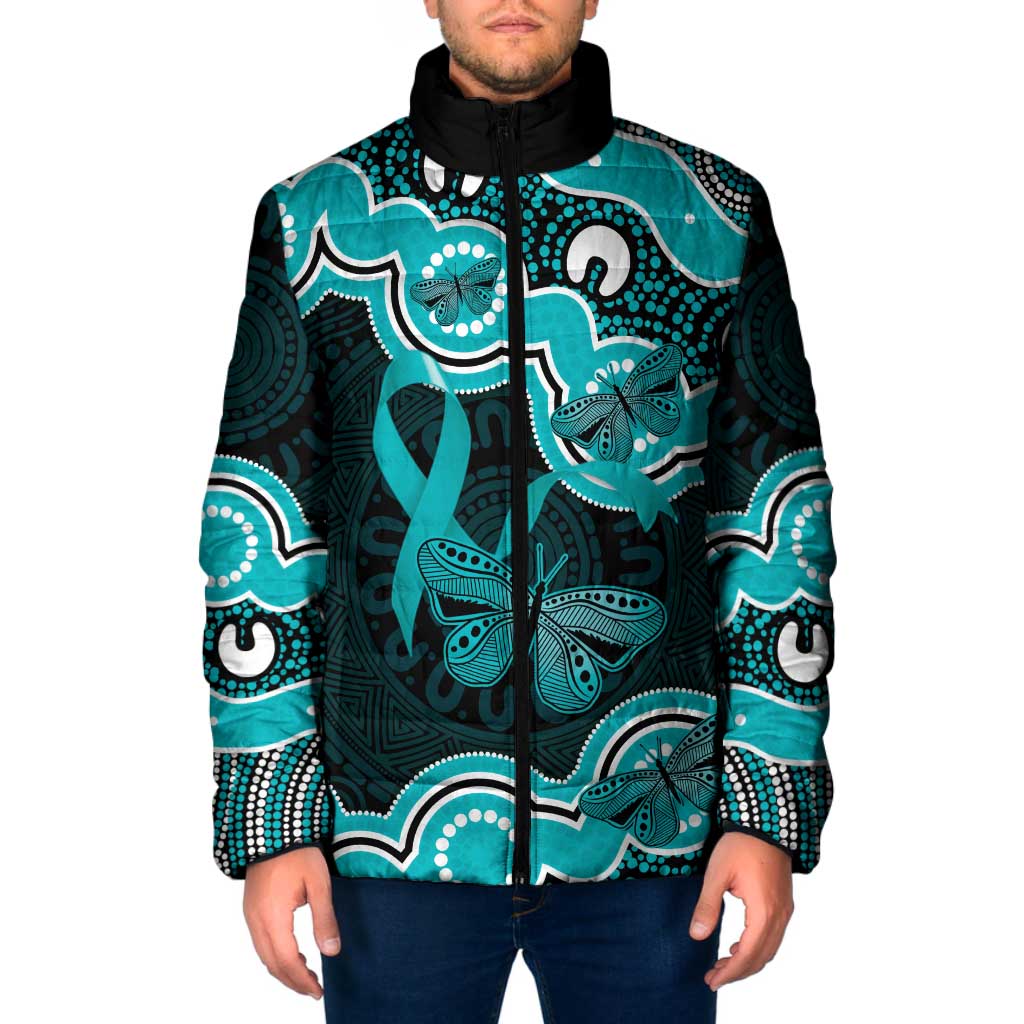 Cyan Ribbon PTSD Awareness Month Padded Jacket Aboriginal Art - Aussie Hoodie
