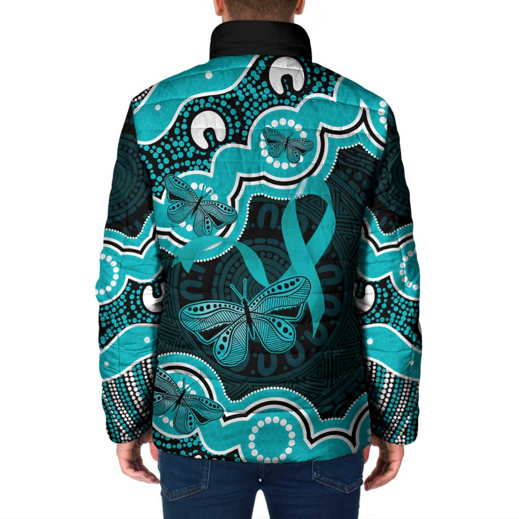 Cyan Ribbon PTSD Awareness Month Padded Jacket Aboriginal Art - Aussie Hoodie