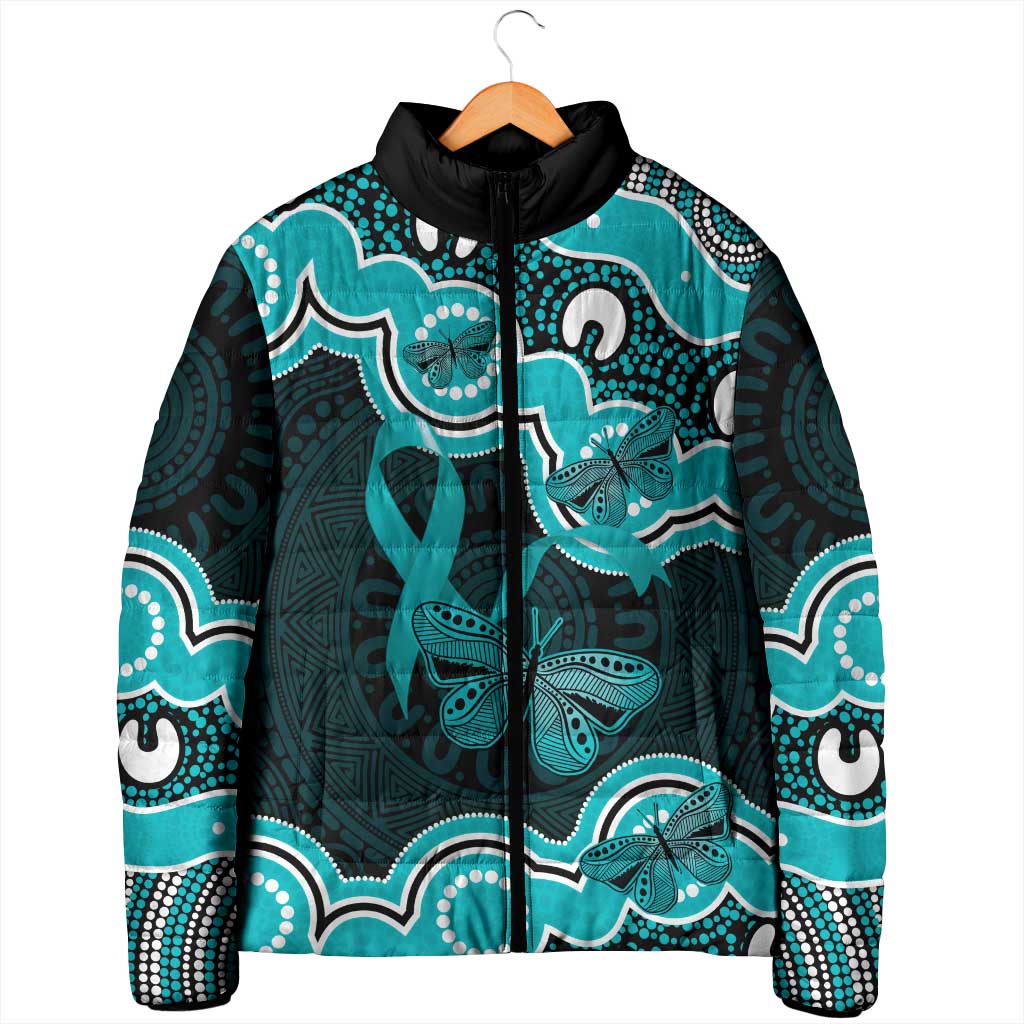 Cyan Ribbon PTSD Awareness Month Padded Jacket Aboriginal Art - Aussie Hoodie