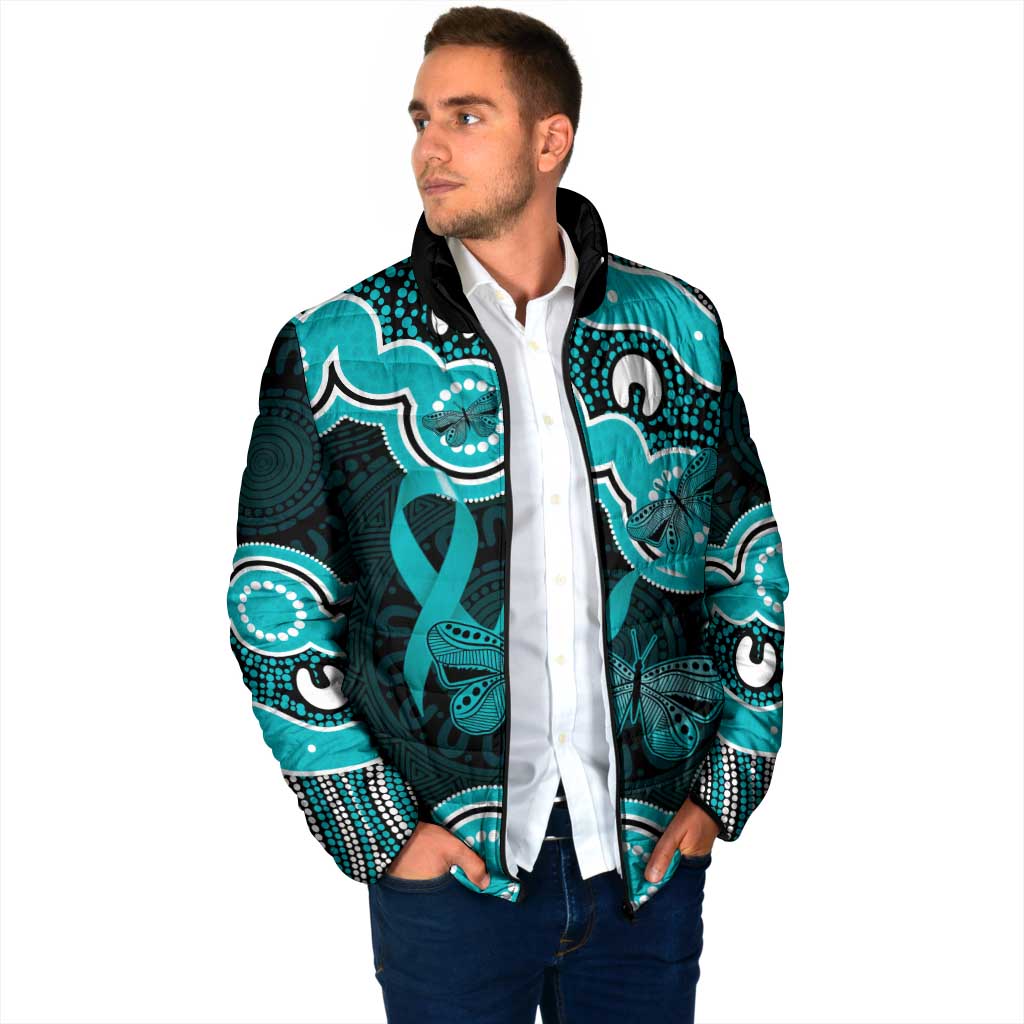 Cyan Ribbon PTSD Awareness Month Padded Jacket Aboriginal Art - Aussie Hoodie