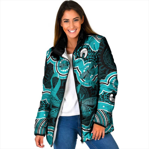 Cyan Ribbon PTSD Awareness Month Padded Jacket Aboriginal Art - Aussie Hoodie