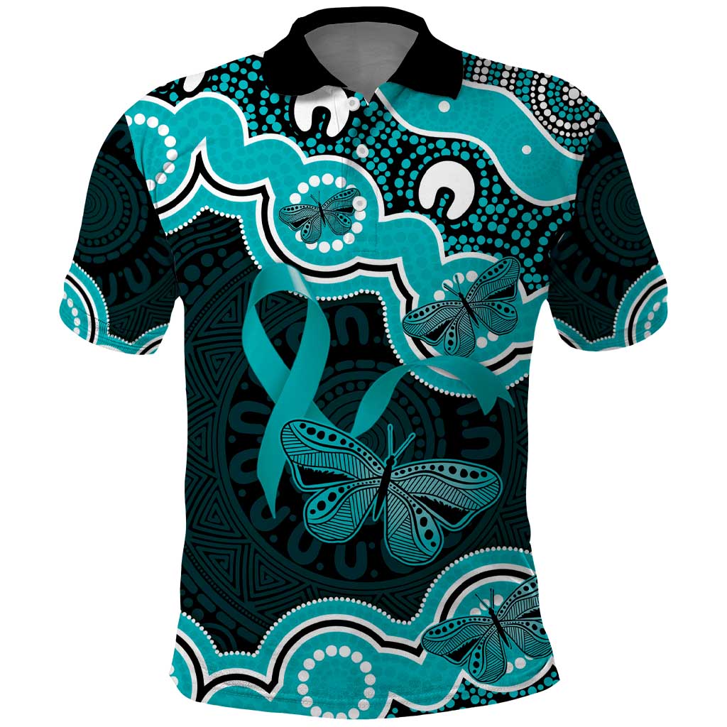 Cyan Ribbon PTSD Awareness Month Polo Shirt Aboriginal Art - Aussie Hoodie