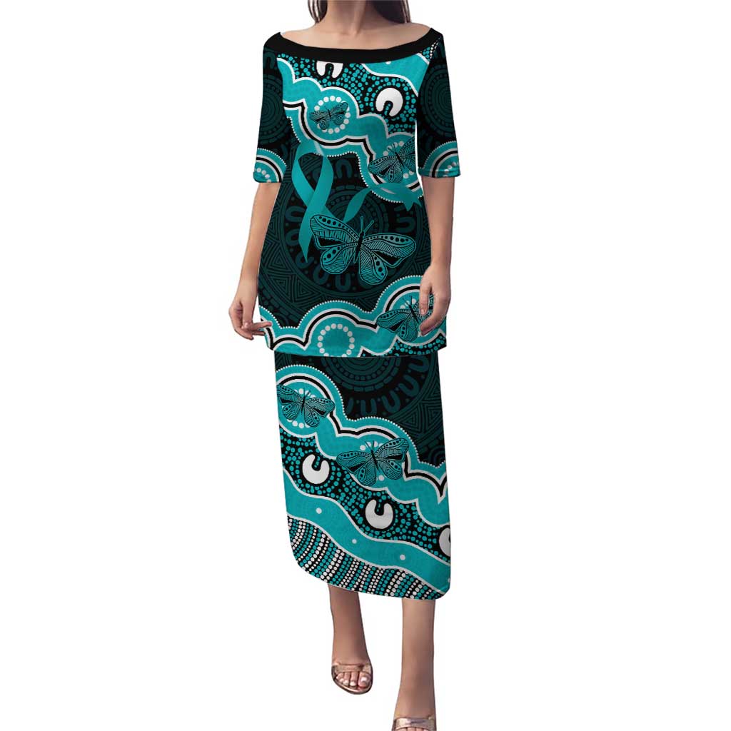 Cyan Ribbon PTSD Awareness Month Puletasi Aboriginal Art - Aussie Hoodie