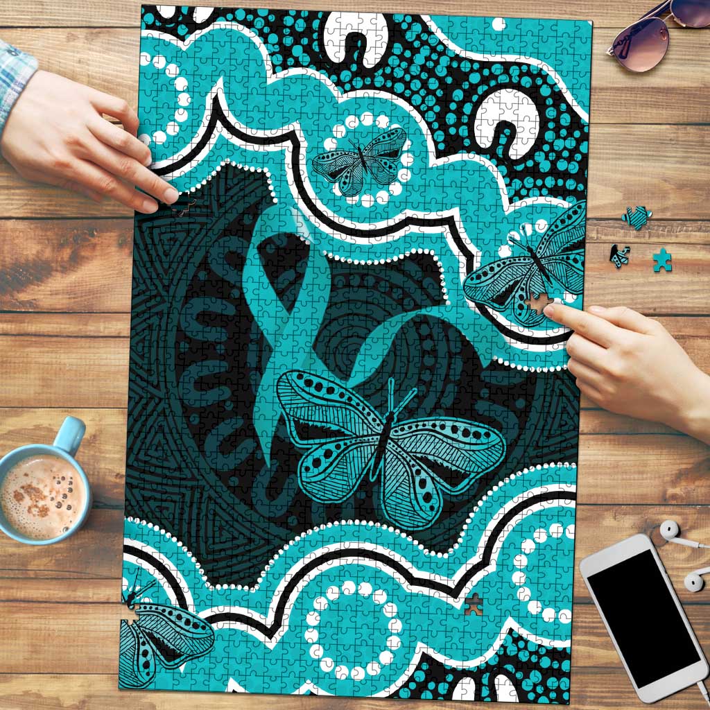 Cyan Ribbon PTSD Awareness Month Puzzle Aboriginal Art - Aussie Hoodie