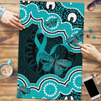 Cyan Ribbon PTSD Awareness Month Puzzle Aboriginal Art - Aussie Hoodie