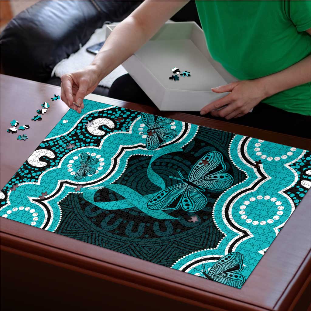 Cyan Ribbon PTSD Awareness Month Puzzle Aboriginal Art - Aussie Hoodie