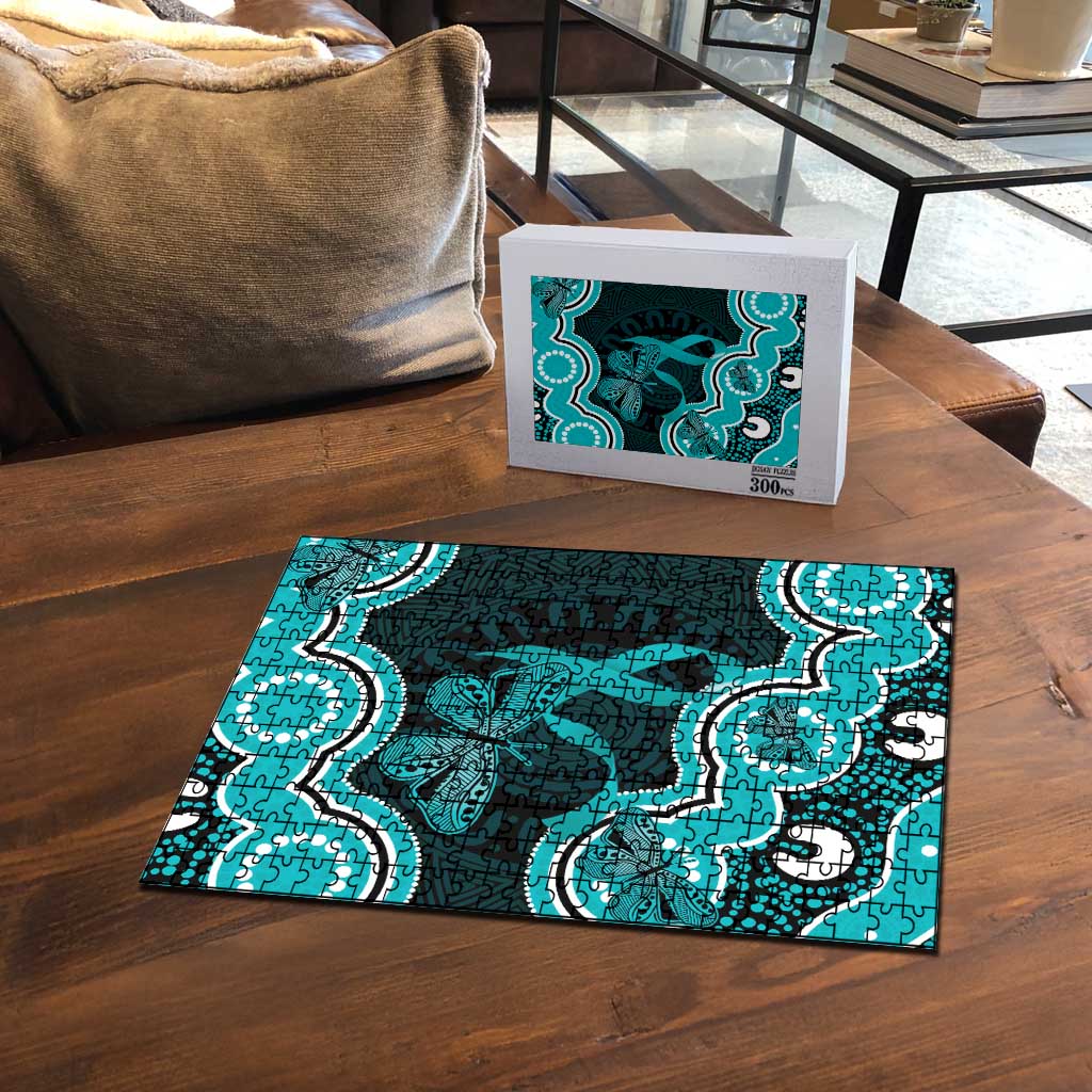 Cyan Ribbon PTSD Awareness Month Puzzle Aboriginal Art - Aussie Hoodie