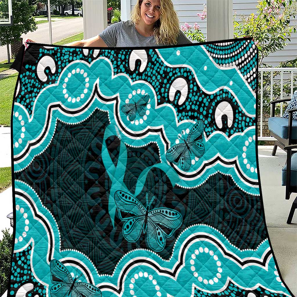 Cyan Ribbon PTSD Awareness Month Quilt Aboriginal Art - Aussie Hoodie