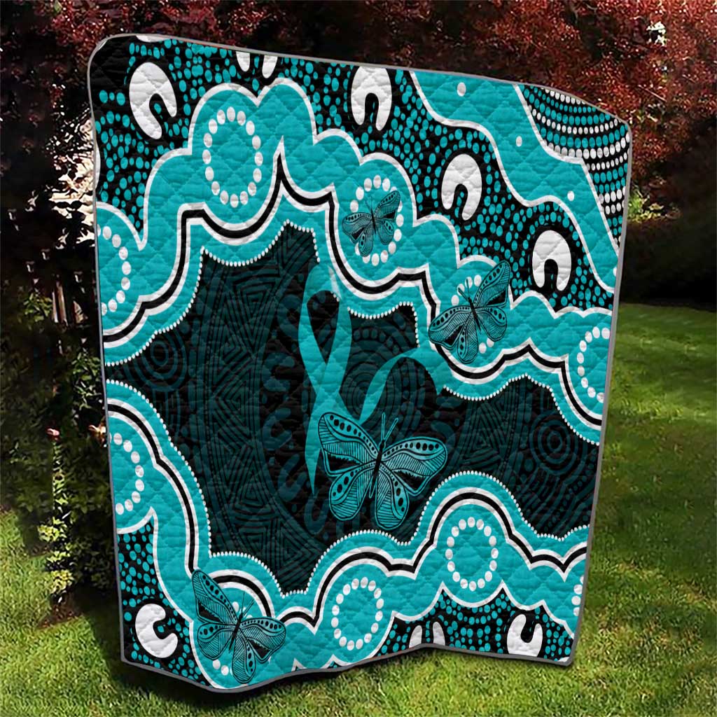 Cyan Ribbon PTSD Awareness Month Quilt Aboriginal Art - Aussie Hoodie