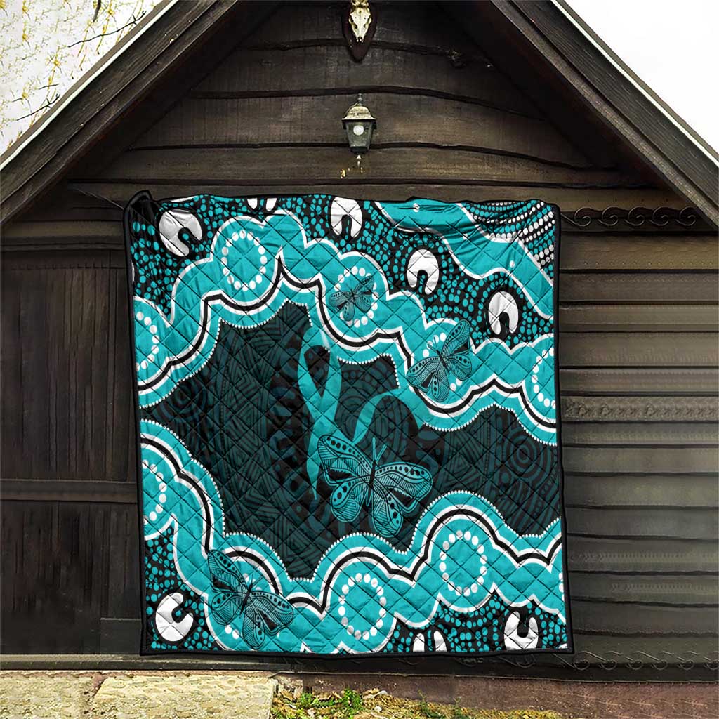 Cyan Ribbon PTSD Awareness Month Quilt Aboriginal Art - Aussie Hoodie