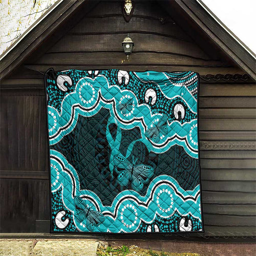 Cyan Ribbon PTSD Awareness Month Quilt Aboriginal Art - Aussie Hoodie