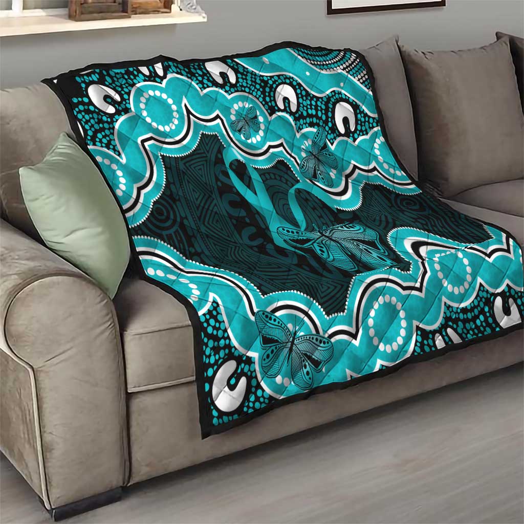 Cyan Ribbon PTSD Awareness Month Quilt Aboriginal Art - Aussie Hoodie