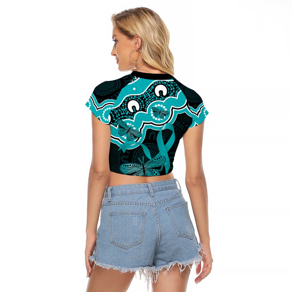 Cyan Ribbon PTSD Awareness Month Raglan Cropped T Shirt Aboriginal Art - Aussie Hoodie