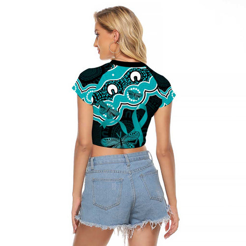 Cyan Ribbon PTSD Awareness Month Raglan Cropped T Shirt Aboriginal Art - Aussie Hoodie