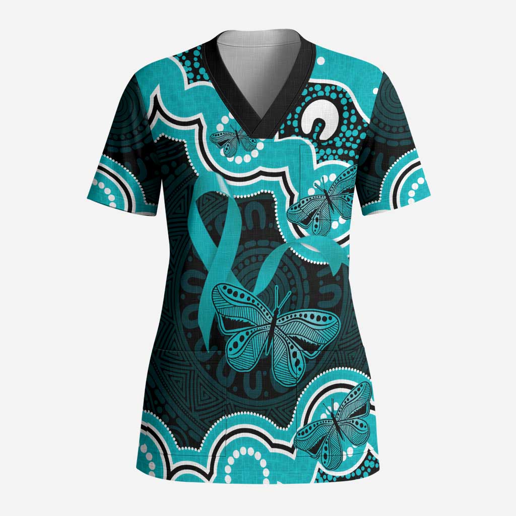 Cyan Ribbon PTSD Awareness Month Scrub Top Aboriginal Art - Aussie Hoodie