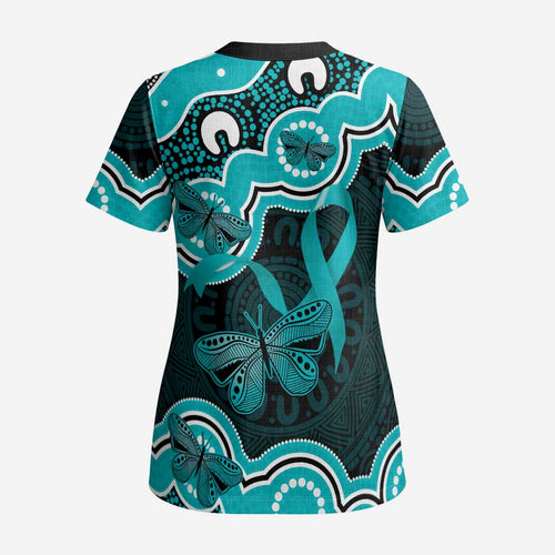 Cyan Ribbon PTSD Awareness Month Scrub Top Aboriginal Art - Aussie Hoodie