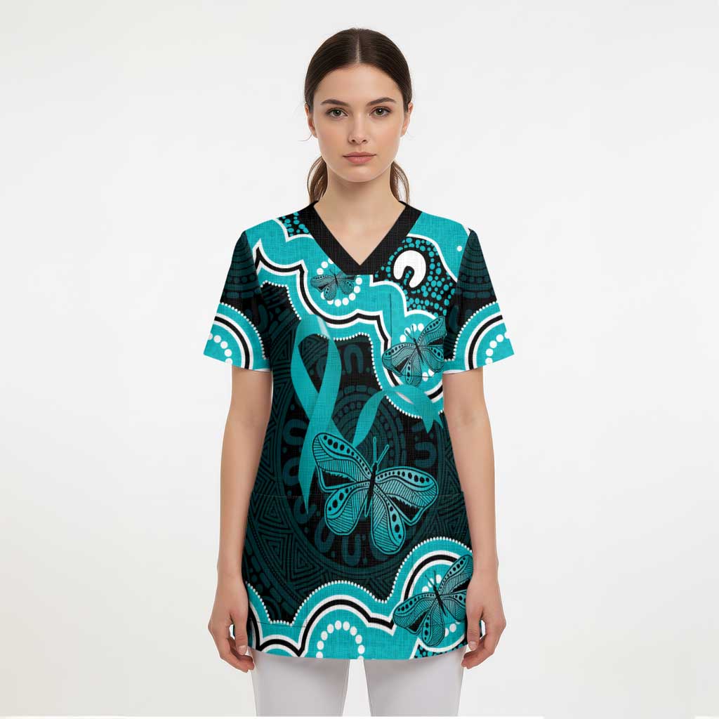 Cyan Ribbon PTSD Awareness Month Scrub Top Aboriginal Art - Aussie Hoodie