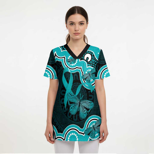 Cyan Ribbon PTSD Awareness Month Scrub Top Aboriginal Art - Aussie Hoodie