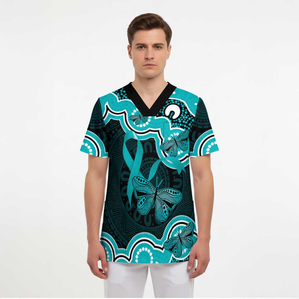 Cyan Ribbon PTSD Awareness Month Scrub Top Aboriginal Art - Aussie Hoodie