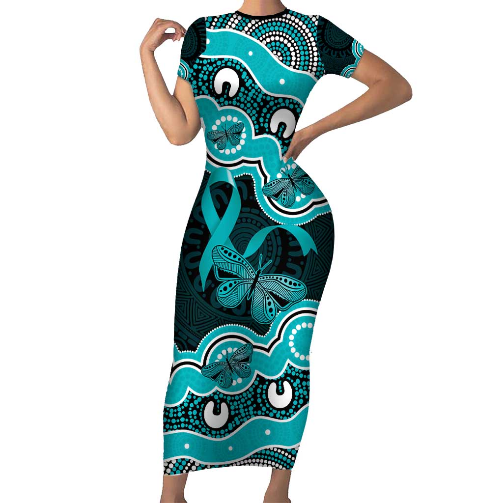 Cyan Ribbon PTSD Awareness Month Short Sleeve Bodycon Dress Aboriginal Art - Aussie Hoodie