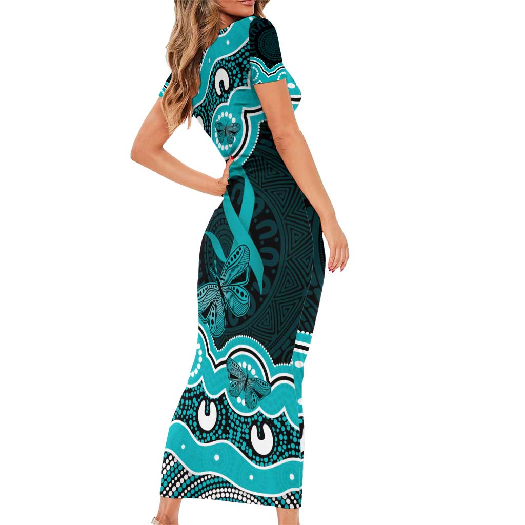 Cyan Ribbon PTSD Awareness Month Short Sleeve Bodycon Dress Aboriginal Art - Aussie Hoodie