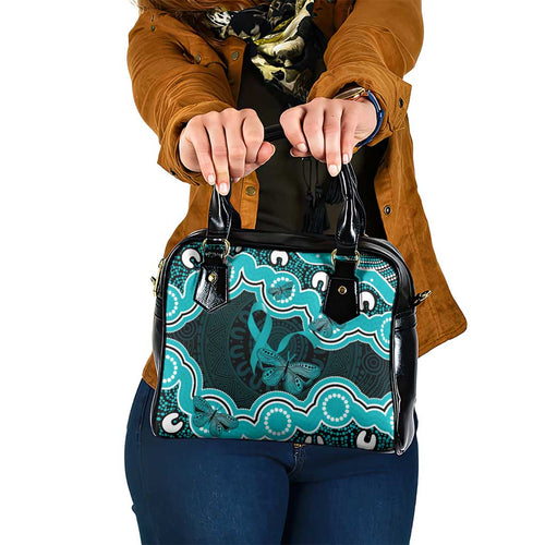 Cyan Ribbon PTSD Awareness Month Shoulder Handbag Aboriginal Art - Aussie Hoodie