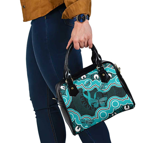 Cyan Ribbon PTSD Awareness Month Shoulder Handbag Aboriginal Art - Aussie Hoodie