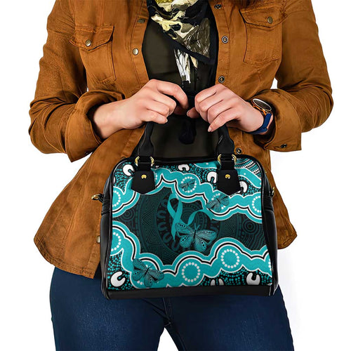 Cyan Ribbon PTSD Awareness Month Shoulder Handbag Aboriginal Art - Aussie Hoodie