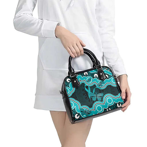 Cyan Ribbon PTSD Awareness Month Shoulder Handbag Aboriginal Art - Aussie Hoodie