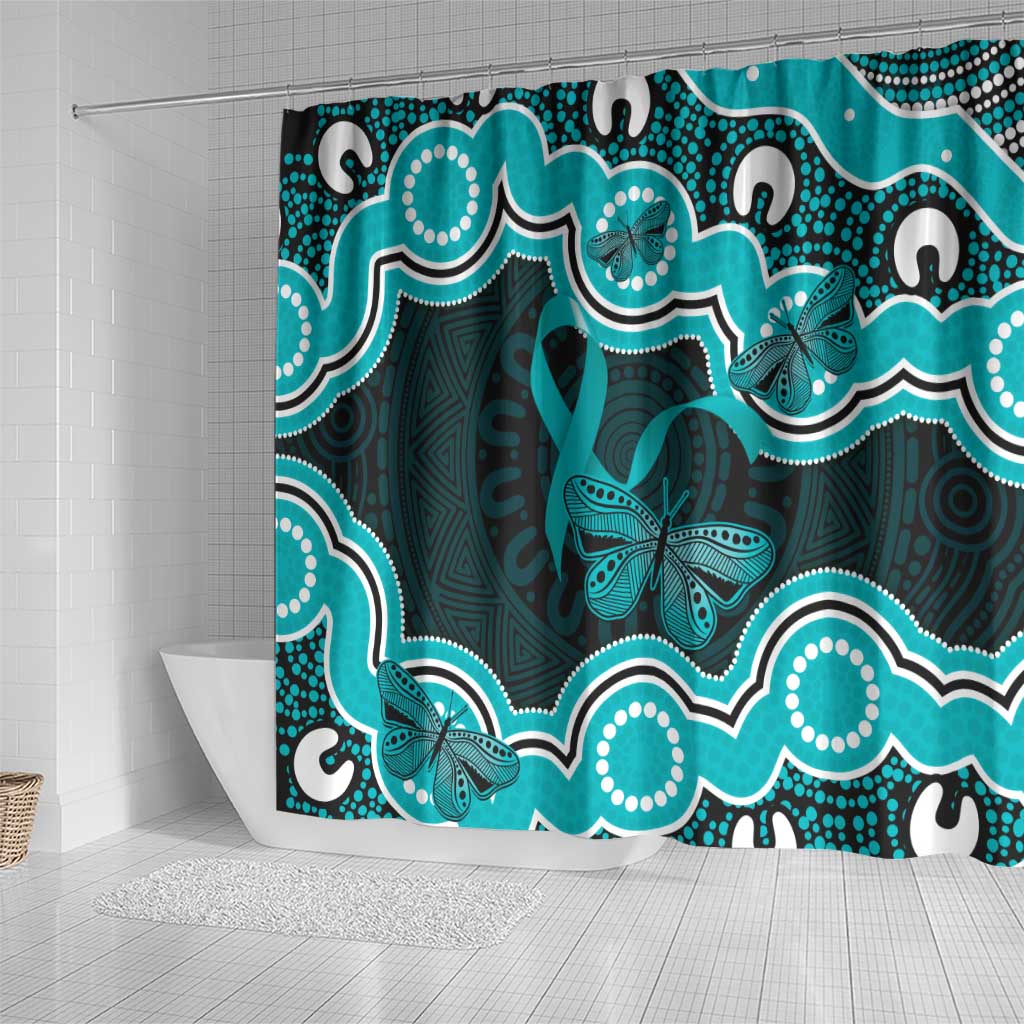 Cyan Ribbon PTSD Awareness Month Shower Curtain Aboriginal Art - Aussie Hoodie