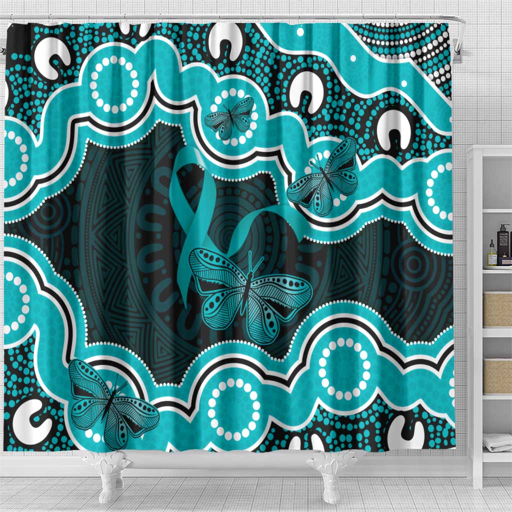 Cyan Ribbon PTSD Awareness Month Shower Curtain Aboriginal Art - Aussie Hoodie
