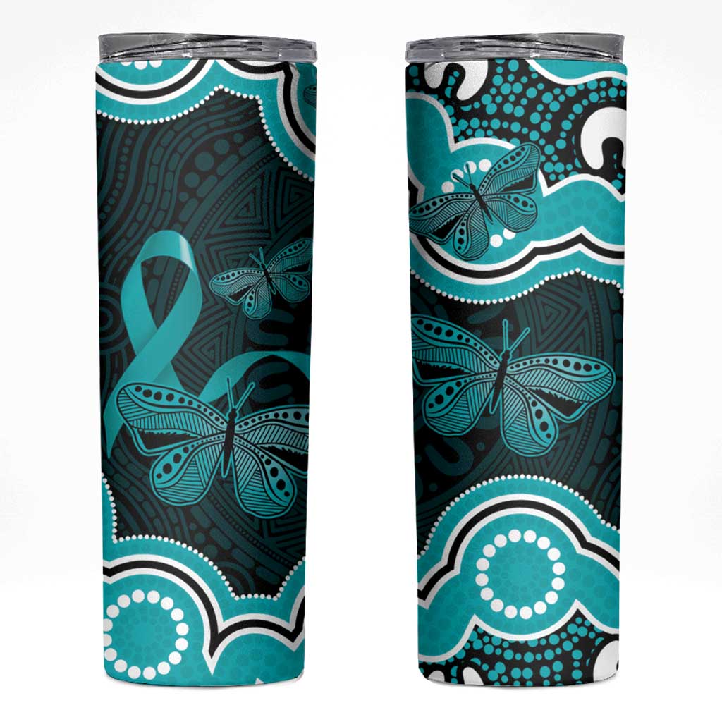 Cyan Ribbon PTSD Awareness Month Skinny Tumbler Aboriginal Art - Aussie Hoodie