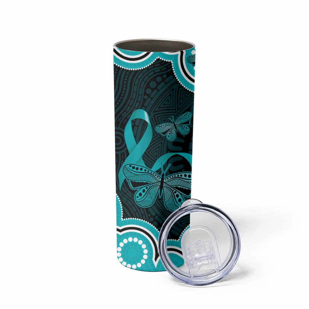 Cyan Ribbon PTSD Awareness Month Skinny Tumbler Aboriginal Art - Aussie Hoodie