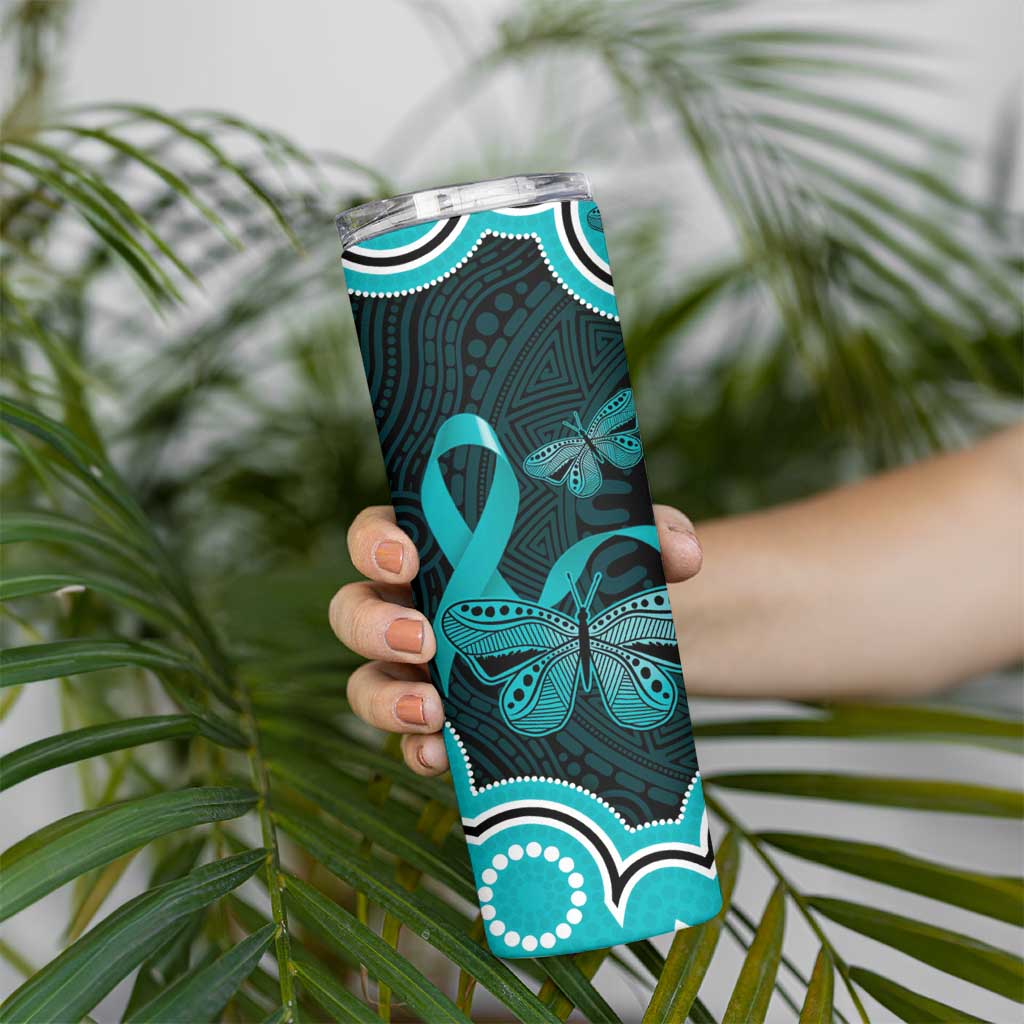 Cyan Ribbon PTSD Awareness Month Skinny Tumbler Aboriginal Art - Aussie Hoodie