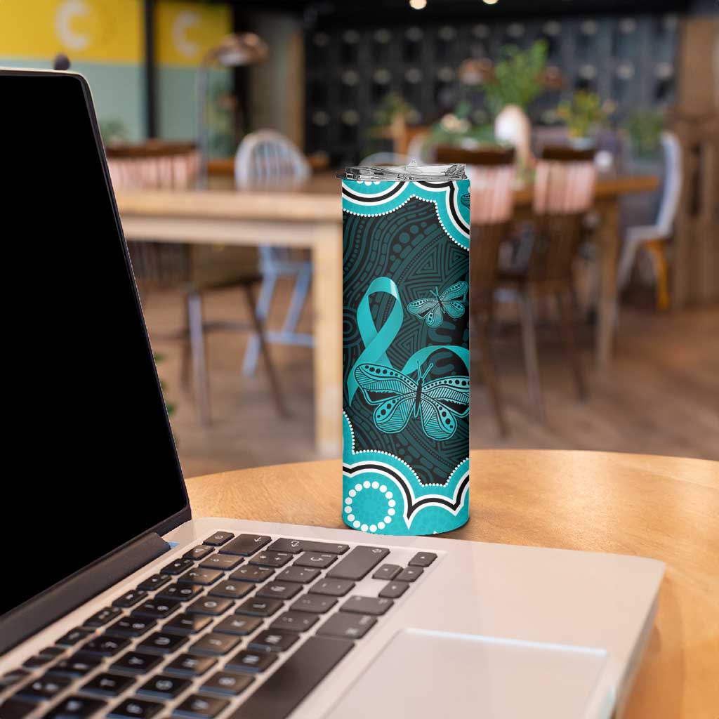 Cyan Ribbon PTSD Awareness Month Skinny Tumbler Aboriginal Art - Aussie Hoodie