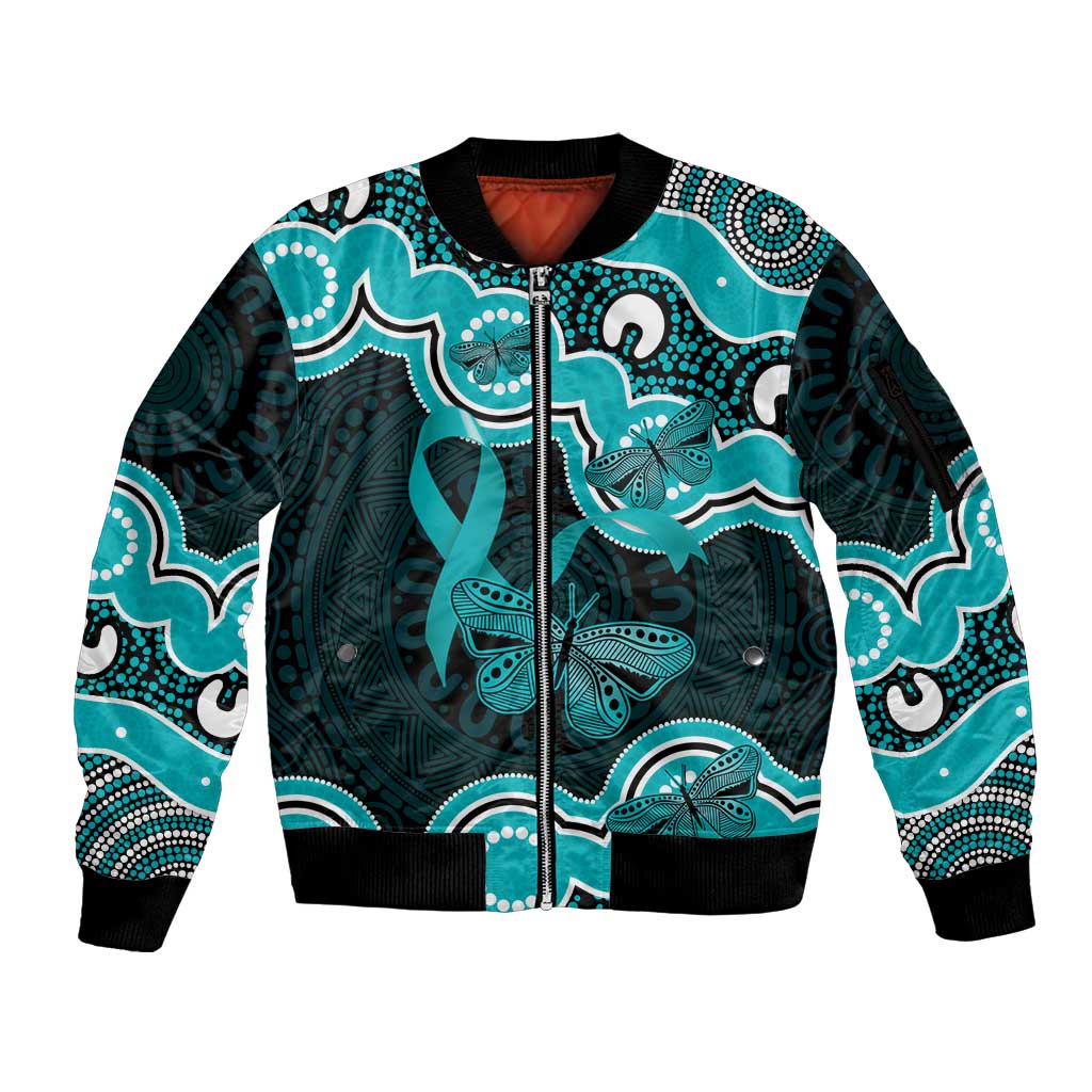 Cyan Ribbon PTSD Awareness Month Sleeve Zip Bomber Jacket Aboriginal Art - Aussie Hoodie