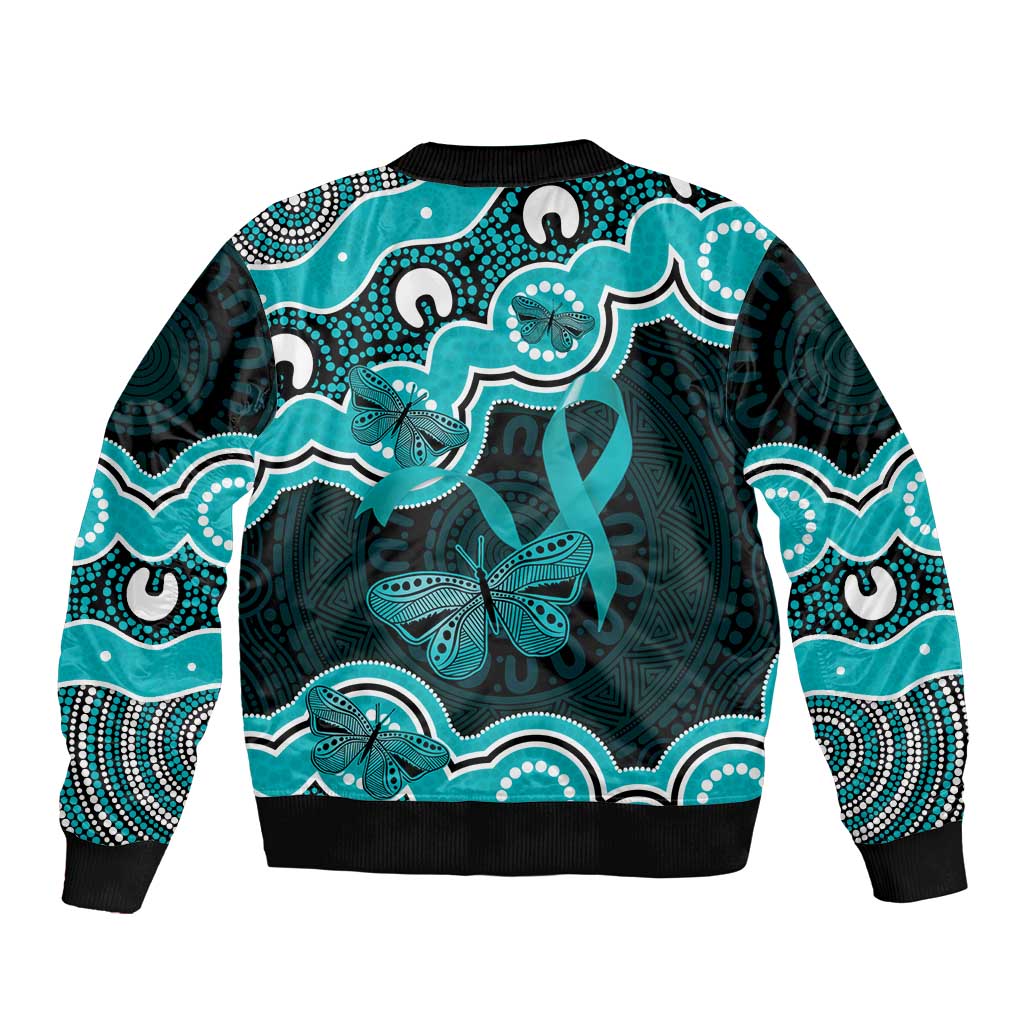 Cyan Ribbon PTSD Awareness Month Sleeve Zip Bomber Jacket Aboriginal Art - Aussie Hoodie