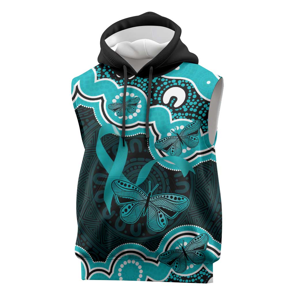 Cyan Ribbon PTSD Awareness Month Sleeveless Hoodie Aboriginal Art - Aussie Hoodie