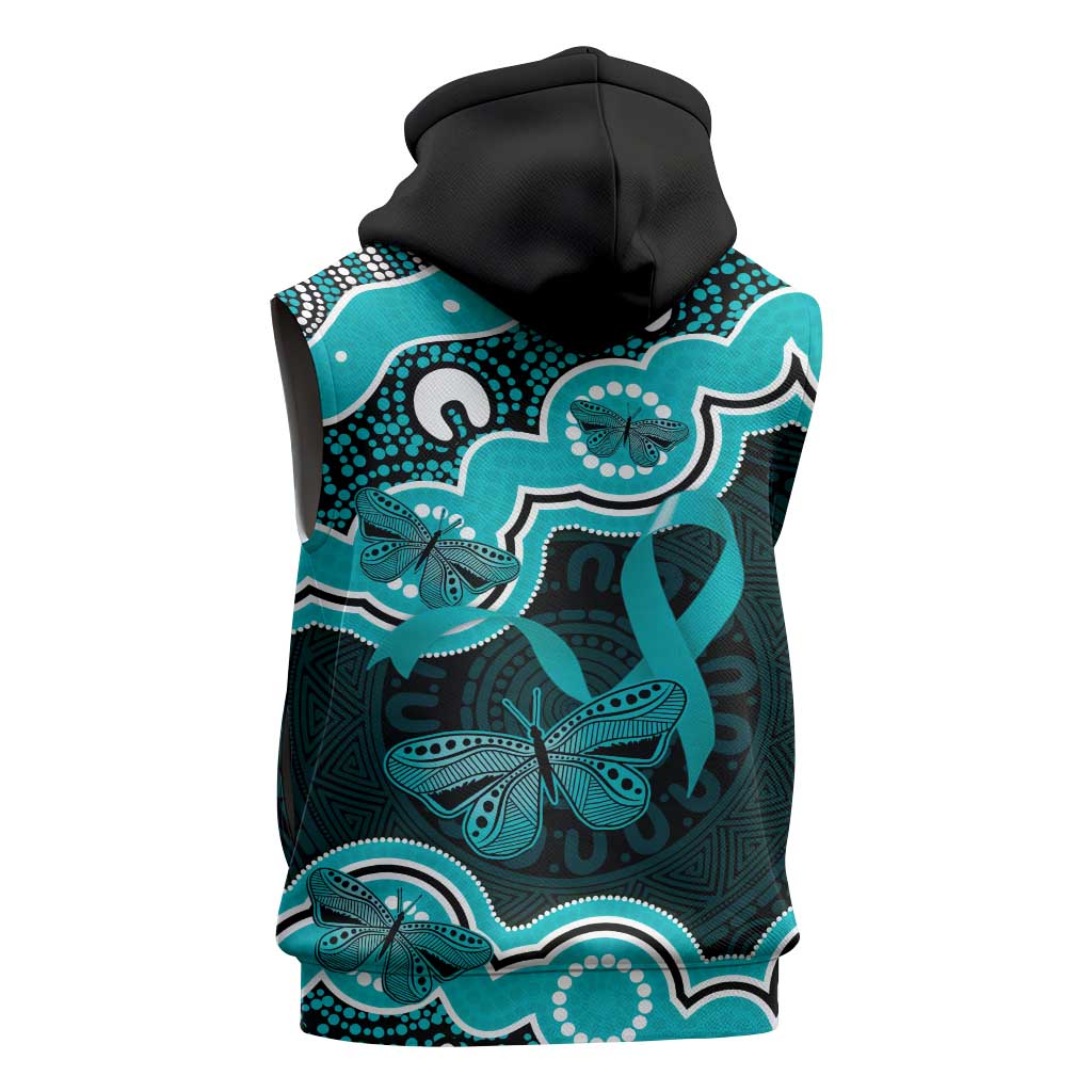 Cyan Ribbon PTSD Awareness Month Sleeveless Hoodie Aboriginal Art - Aussie Hoodie