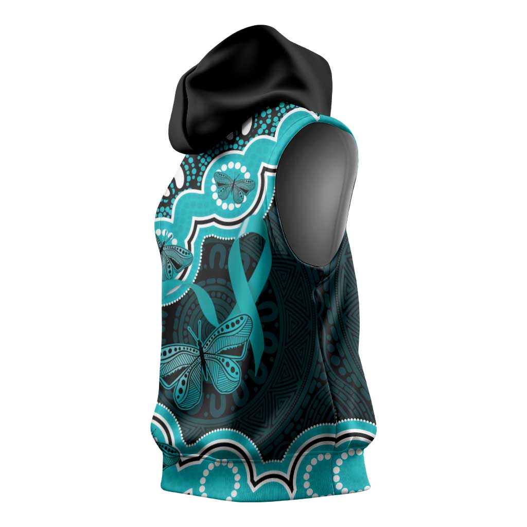 Cyan Ribbon PTSD Awareness Month Sleeveless Hoodie Aboriginal Art - Aussie Hoodie