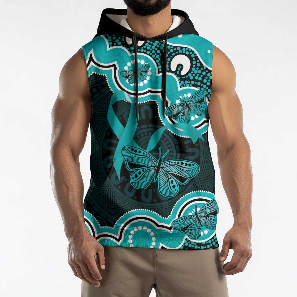 Cyan Ribbon PTSD Awareness Month Sleeveless Hoodie Aboriginal Art - Aussie Hoodie