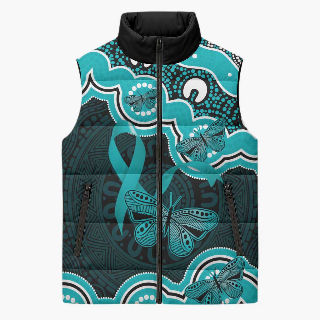 Cyan Ribbon PTSD Awareness Month Sleeveless Puffer Jacket Aboriginal Art - Aussie Hoodie