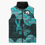 Cyan Ribbon PTSD Awareness Month Sleeveless Puffer Jacket Aboriginal Art - Aussie Hoodie