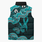 Cyan Ribbon PTSD Awareness Month Sleeveless Puffer Jacket Aboriginal Art - Aussie Hoodie