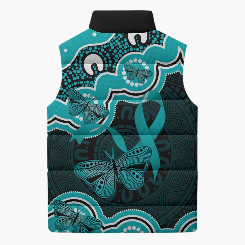 Cyan Ribbon PTSD Awareness Month Sleeveless Puffer Jacket Aboriginal Art - Aussie Hoodie