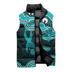 Cyan Ribbon PTSD Awareness Month Sleeveless Puffer Jacket Aboriginal Art - Aussie Hoodie