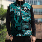 Cyan Ribbon PTSD Awareness Month Sleeveless Puffer Jacket Aboriginal Art - Aussie Hoodie