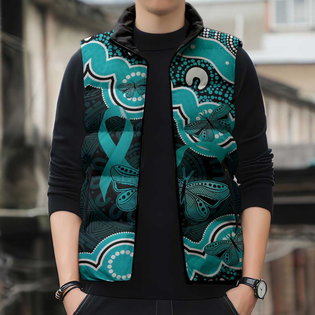 Cyan Ribbon PTSD Awareness Month Sleeveless Puffer Jacket Aboriginal Art - Aussie Hoodie